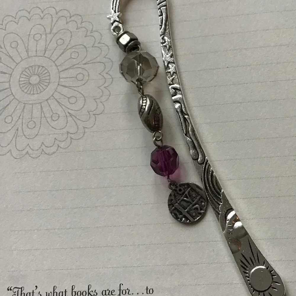 Tibetan‎ Metal Bookmark Sun & Stars Engraved Silver and Purple Beads